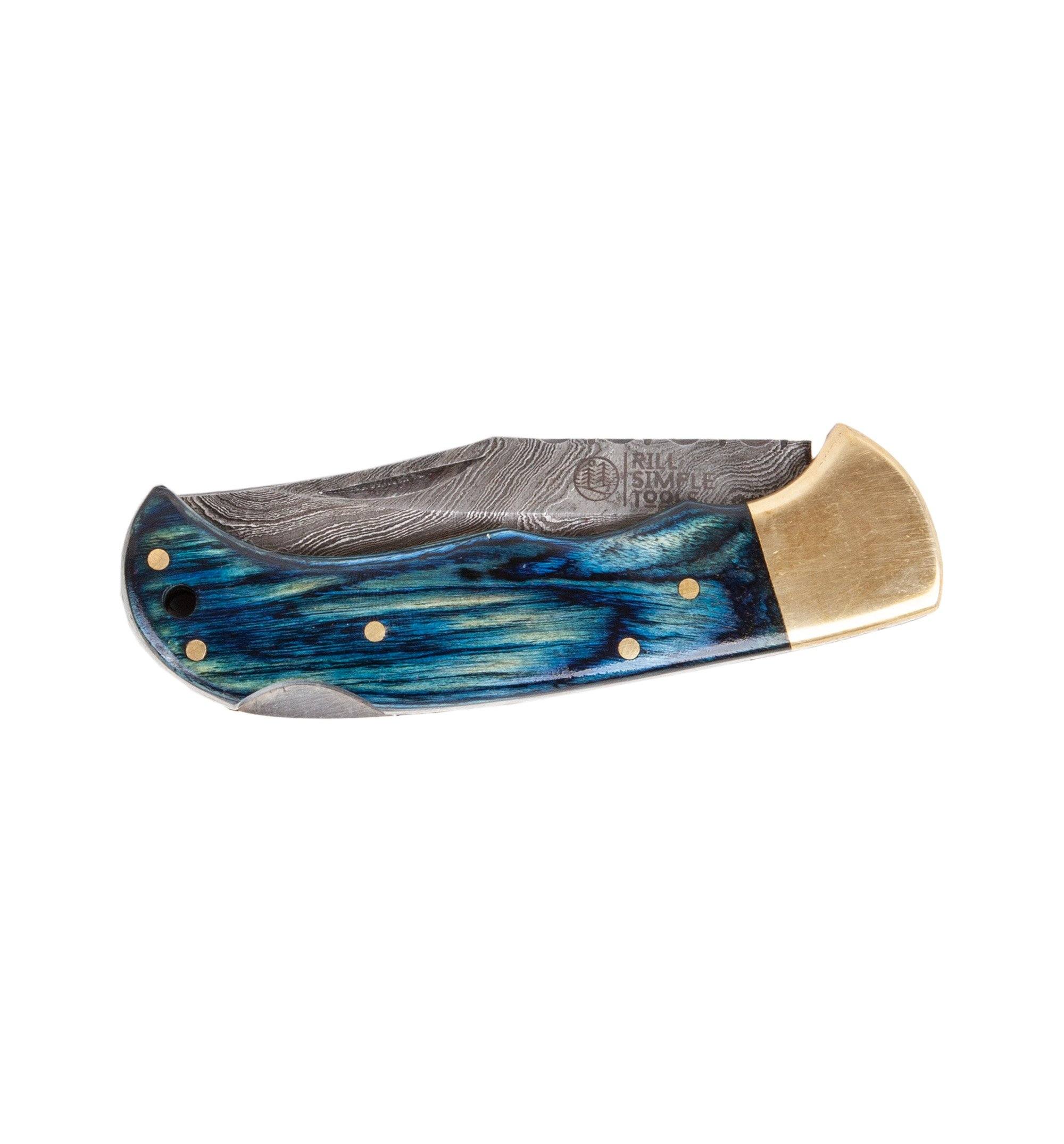 Rill Simple Tools Damascus Folder (with sheath) - Azul - Image 2
