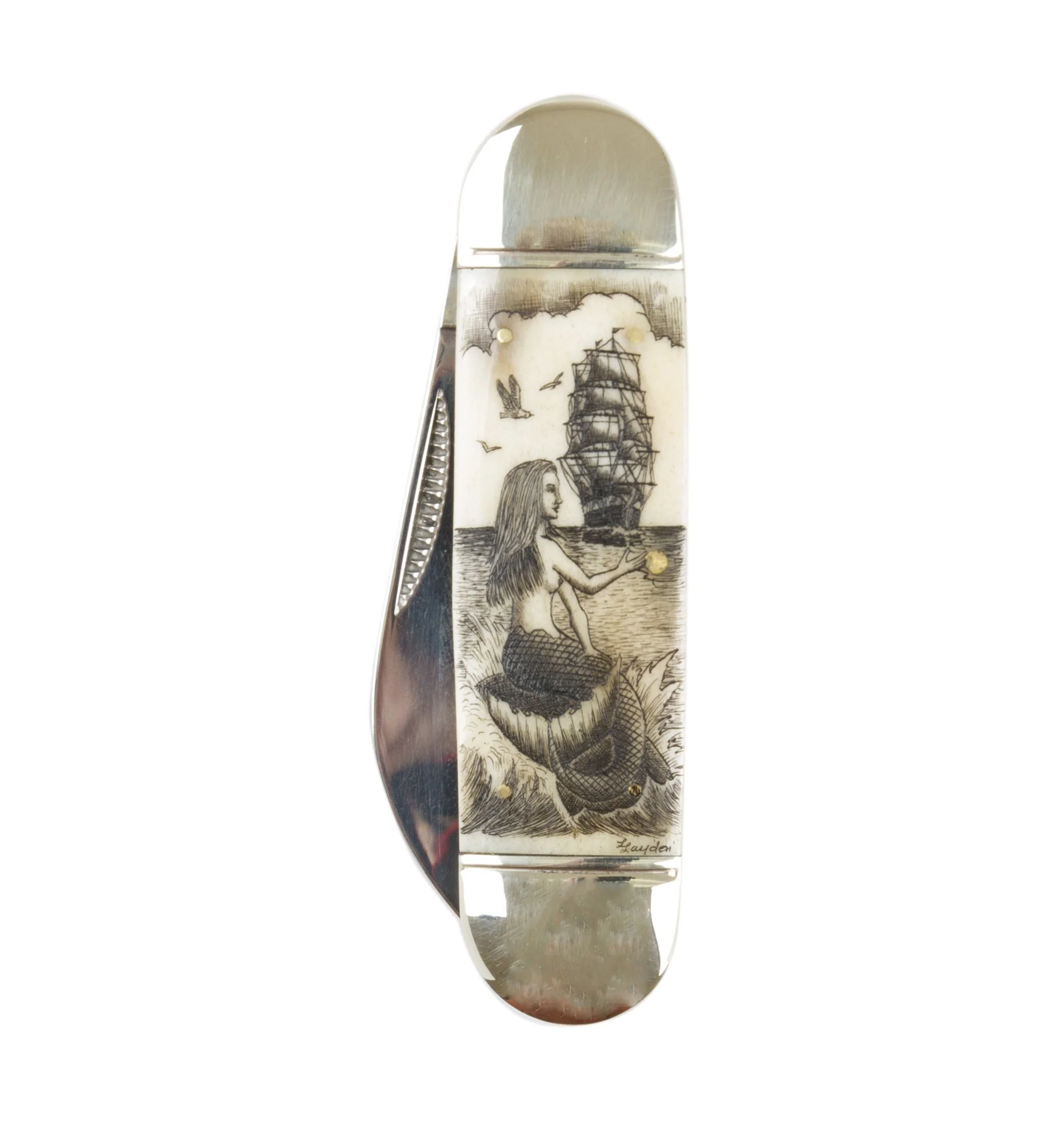 Scrimhsaw Pocket Knife Mermaid & Ship - Image 2