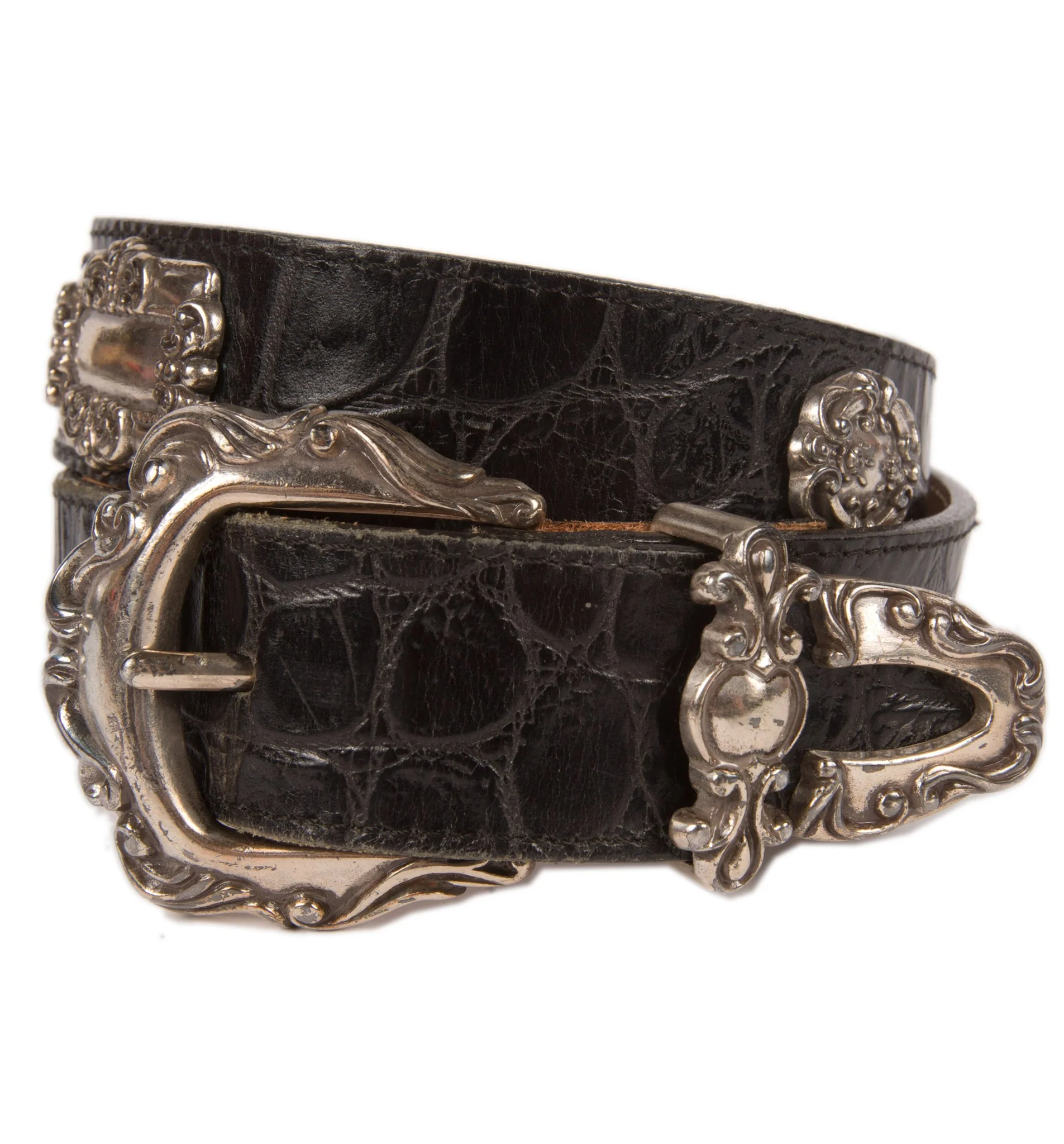 Vintage Black Leather Belt w/Metal Details - Image 2