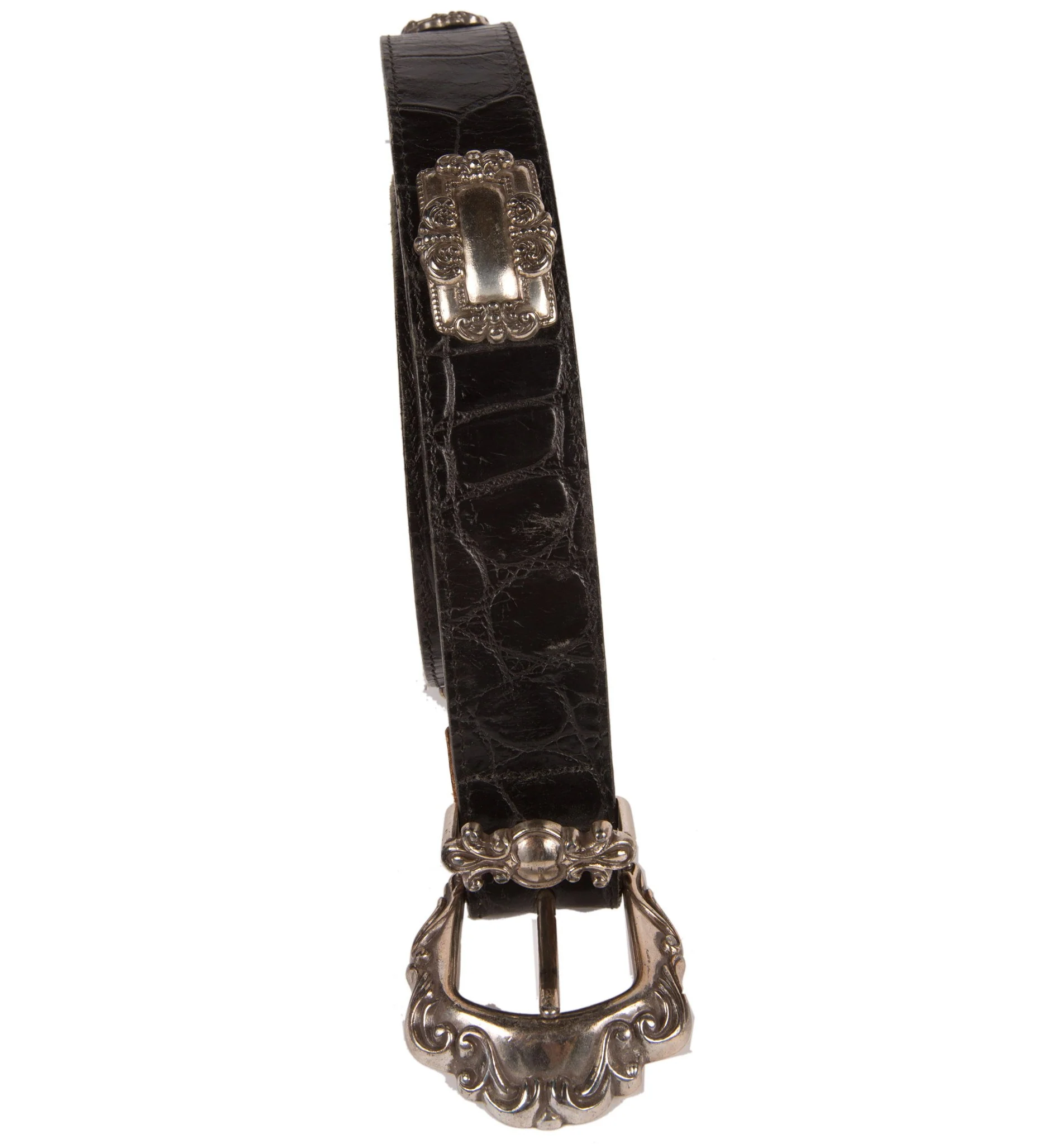Vintage Black Leather Belt w/Metal Details - Image 3