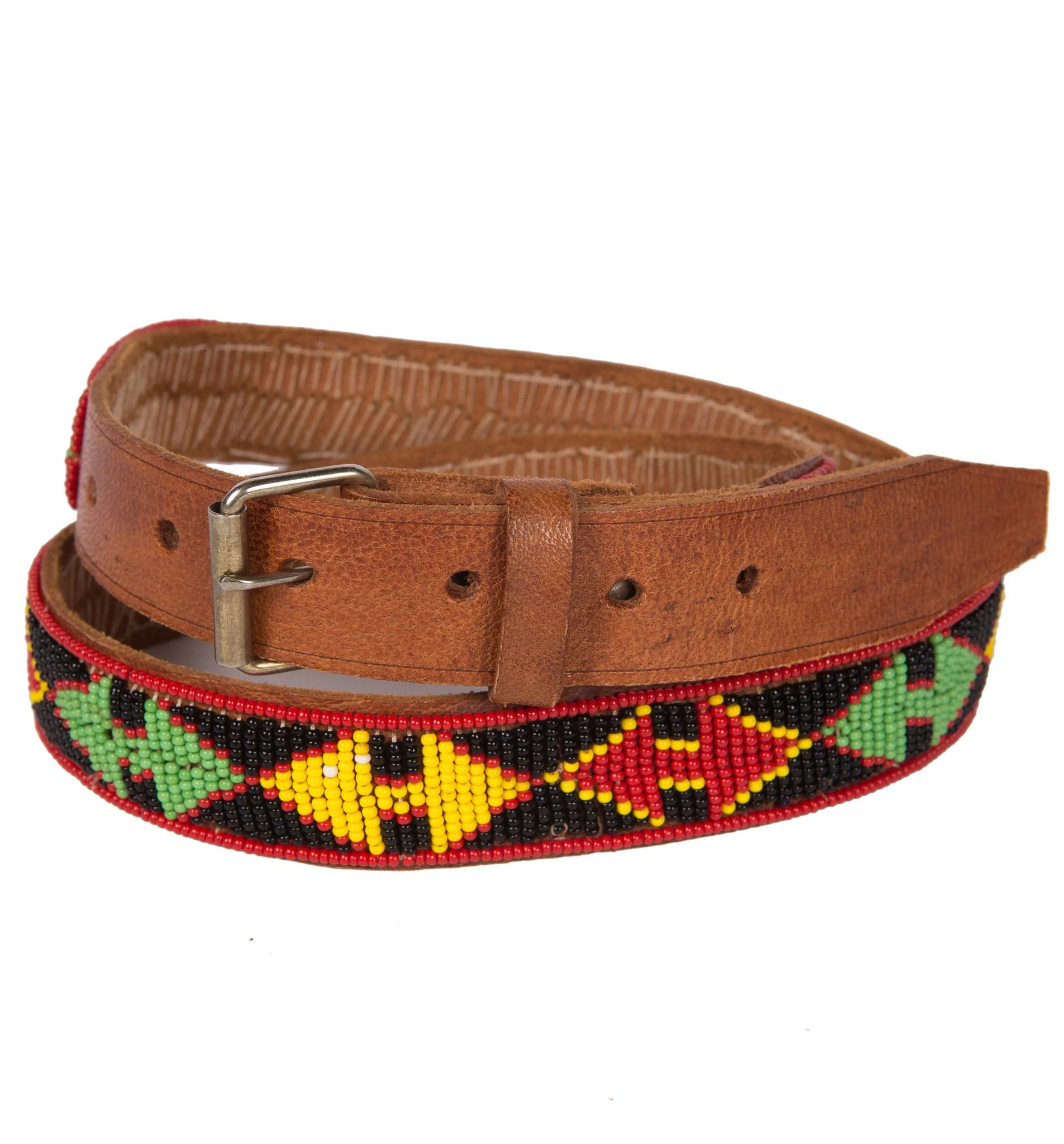 Vintage Brown Leather Beaded Belt, 28