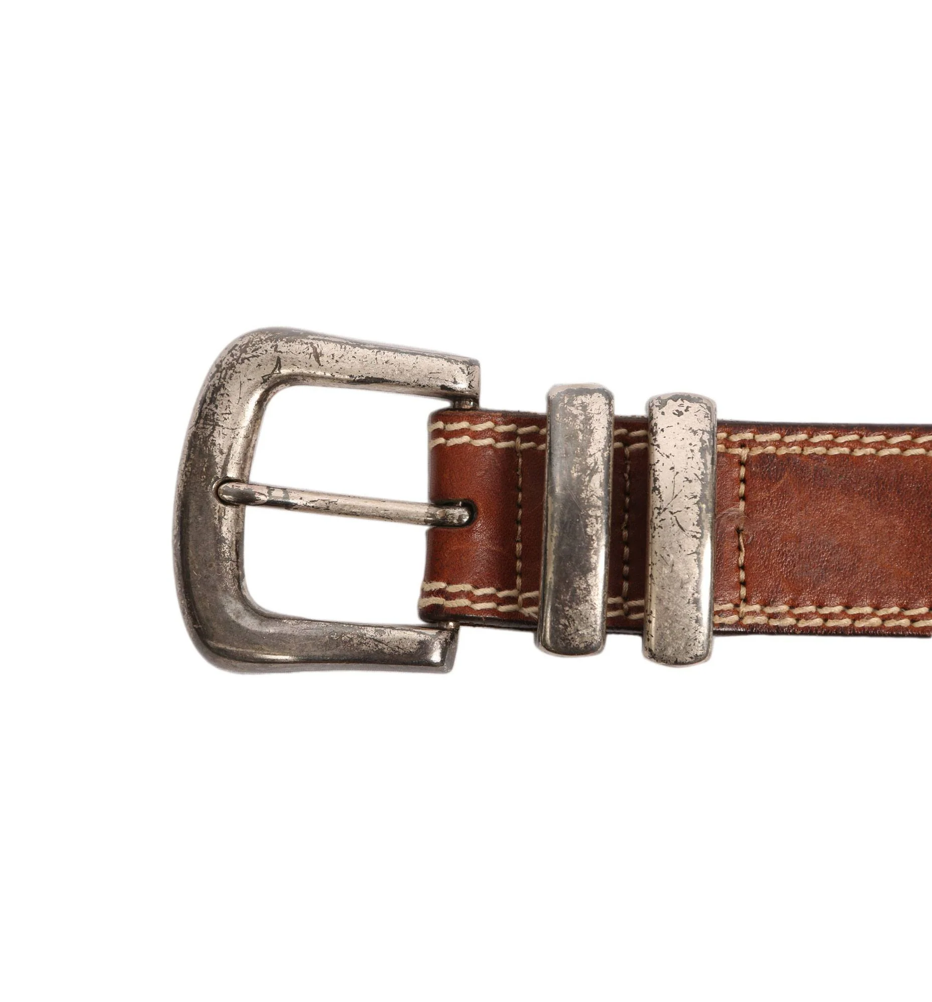 Vintage Brown Leather Double Stitch Belt - Image 2